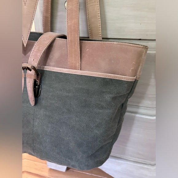 LL Bean Canvas Leather Boat Bucket Travel Shoulder Bag Satchel Khaki - Picture 3 of 16